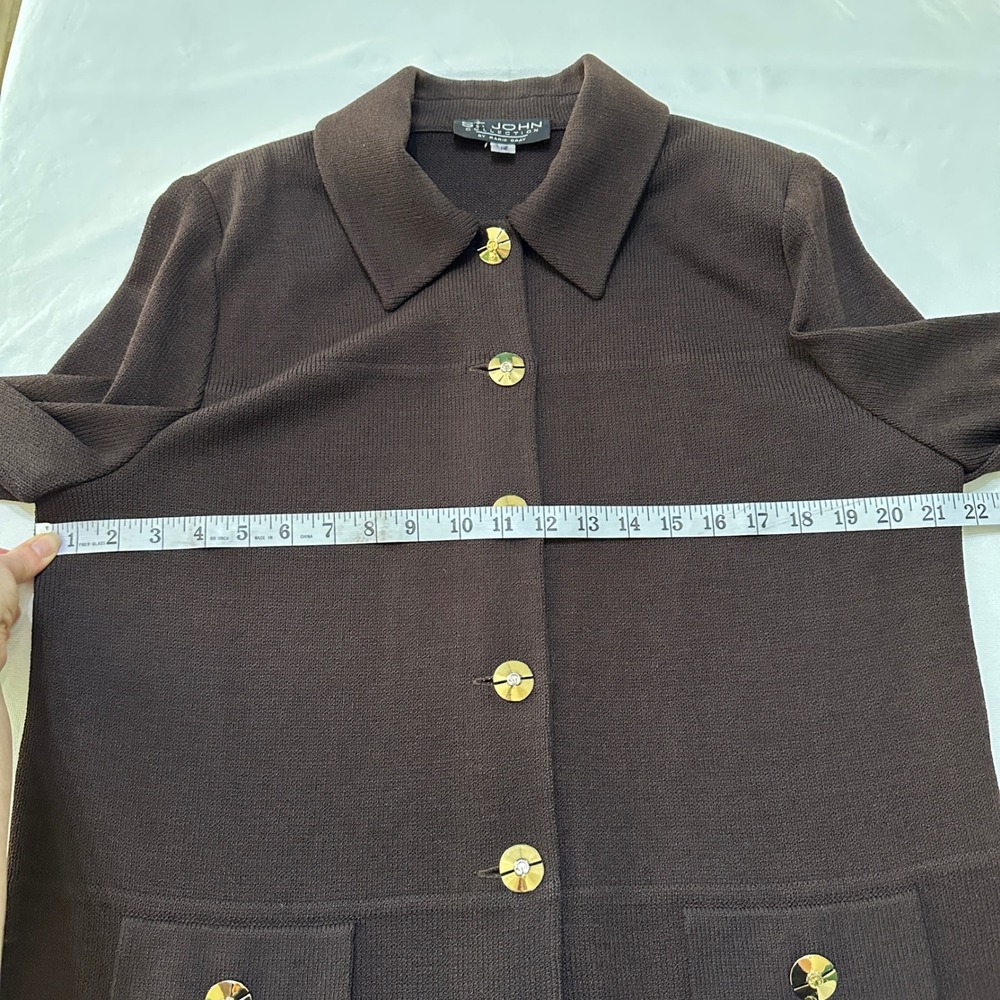 St. John Collection Brown Knit Suit Set Sz 14/12 Gold Buttons Mended Flaws Vtg - Picture 6 of 16